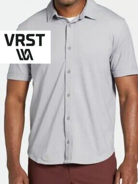 VRST Men's Button Front Short Sleeve Pique Knit Shirt LG Grey NWT Athleisure